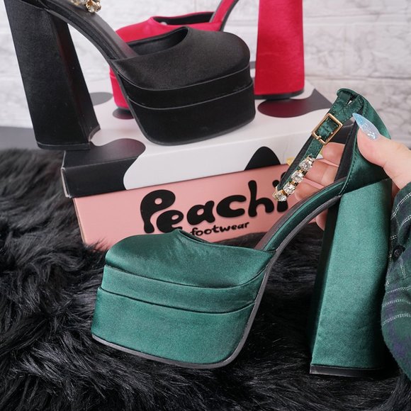 Green Satin Rhinestone Platform Mary Janes Heels Pumps Aevitas - Picture 3 of 3